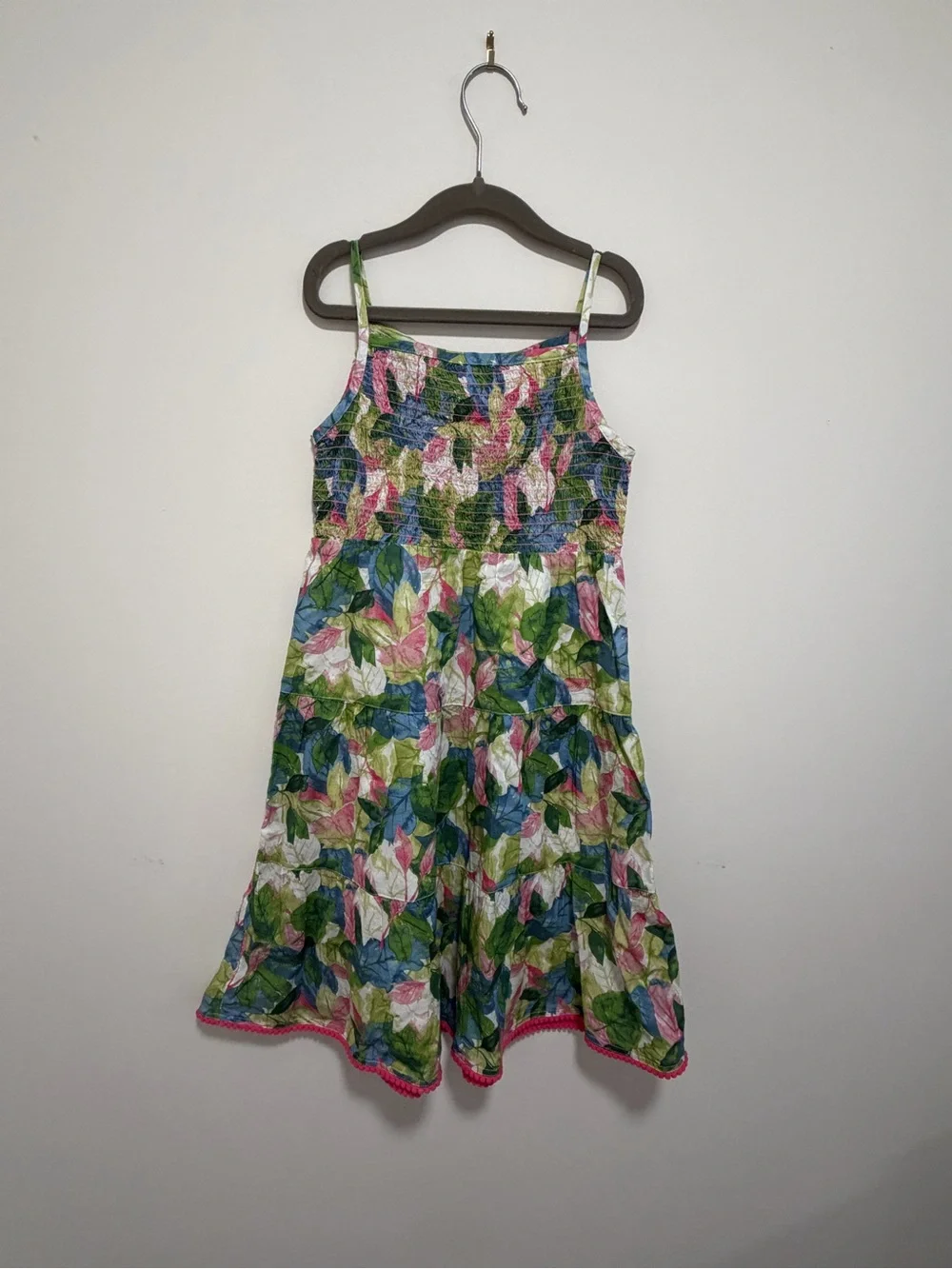 Fat Face Girls' Leaf Print Smocked Sundress in Green & Pink & Blue